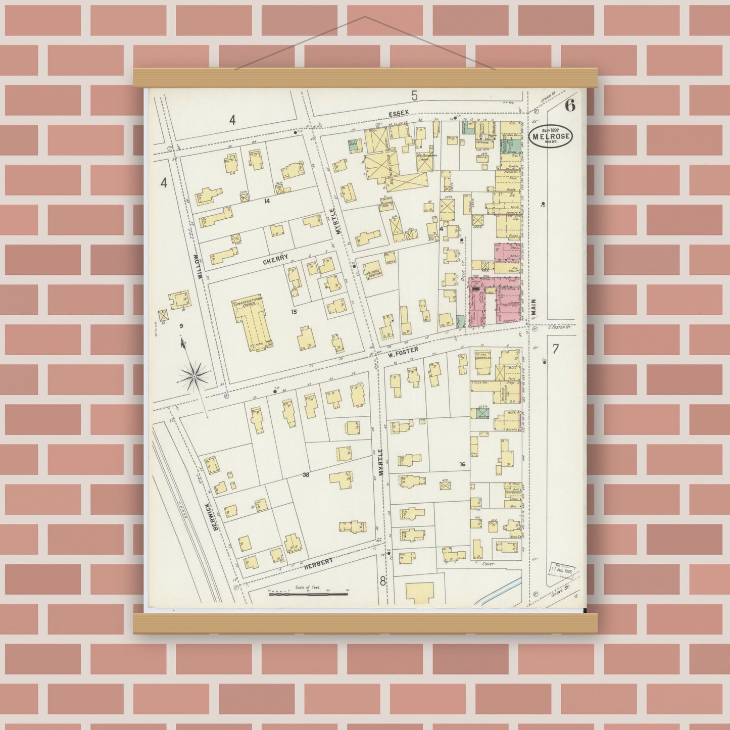 Old map wall art mockup — magnetic wood frame on brick wall — Sanborn Fire Insurance Map from Melrose, Middlesex County, Massachusetts (1897), Sheet #0006