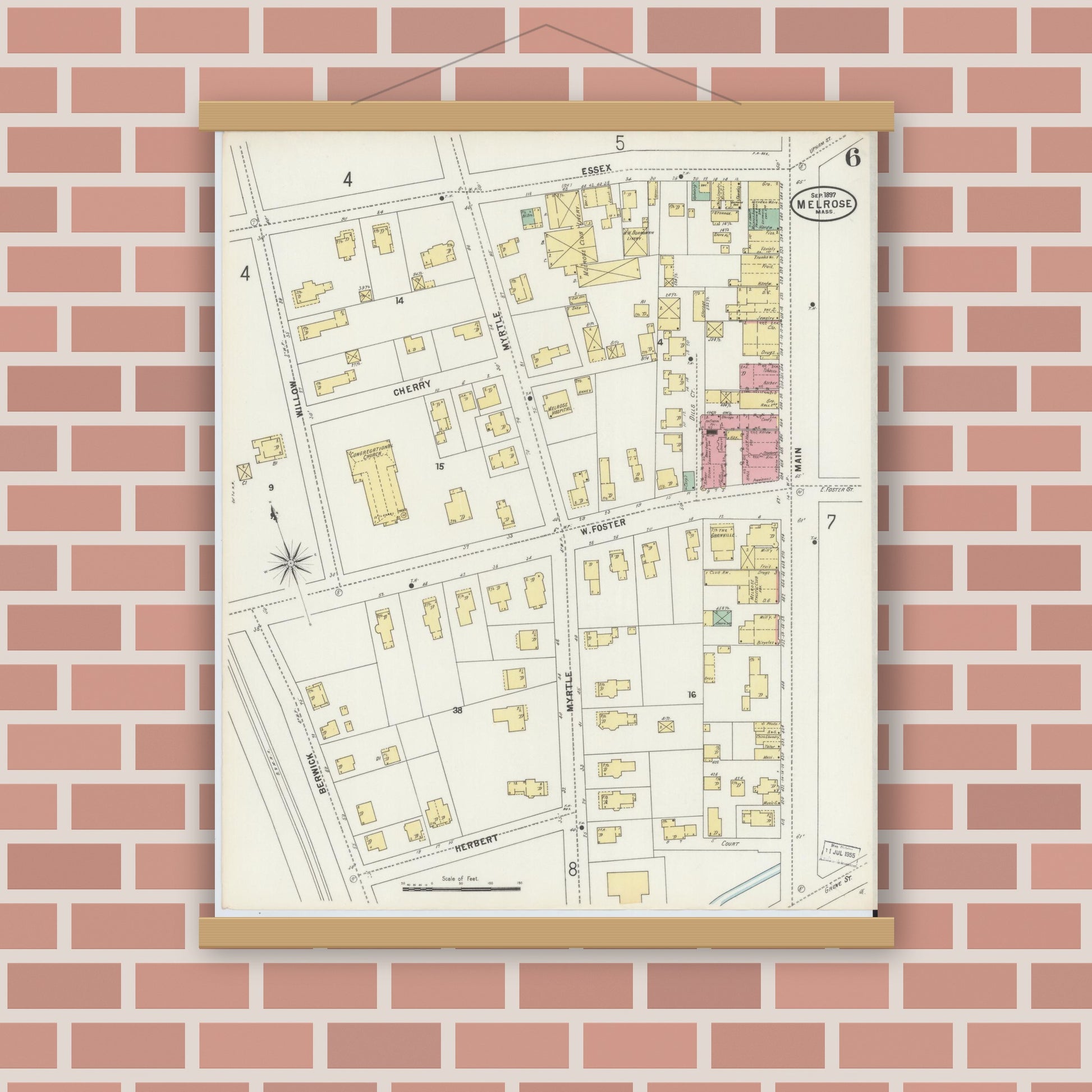 Old map wall art mockup — magnetic wood frame on brick wall — Sanborn Fire Insurance Map from Melrose, Middlesex County, Massachusetts (1897), Sheet #0006