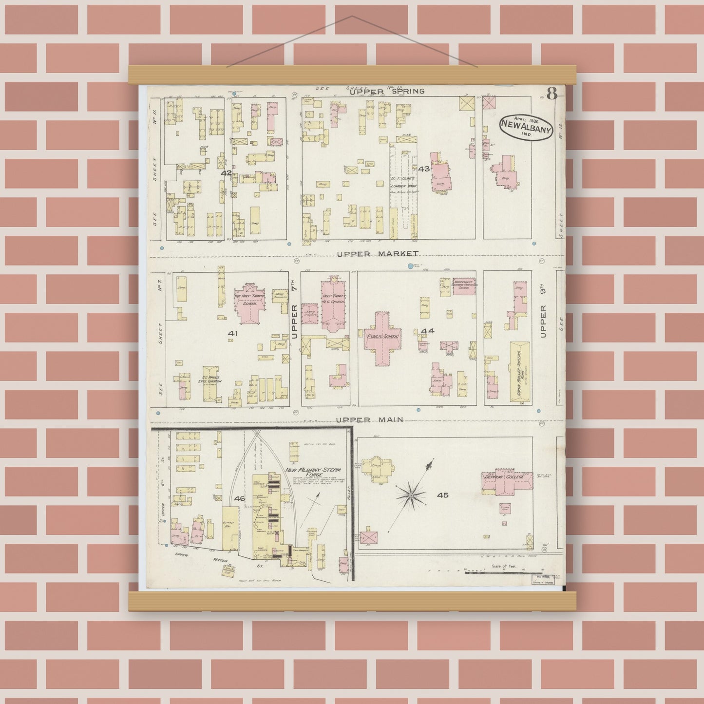Old map wall art mockup — magnetic wood frame on brick wall — Sanborn Fire Insurance Map from New Albany, Floyd County, Indiana (1886), Sheet #0008
