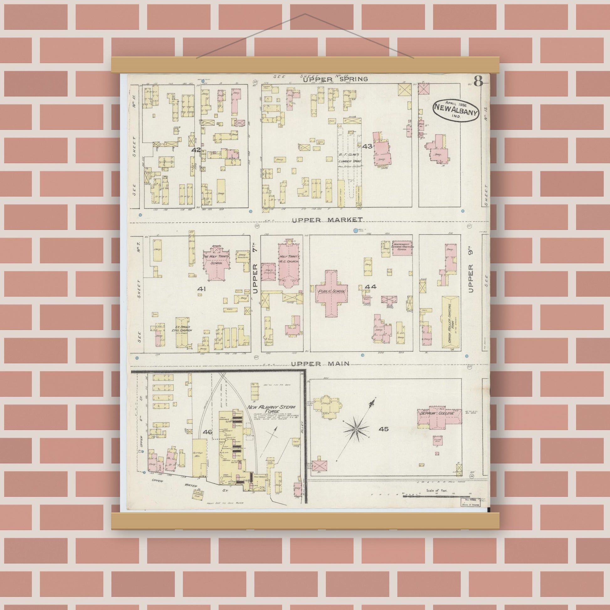 Old map wall art mockup — magnetic wood frame on brick wall — Sanborn Fire Insurance Map from New Albany, Floyd County, Indiana (1886), Sheet #0008