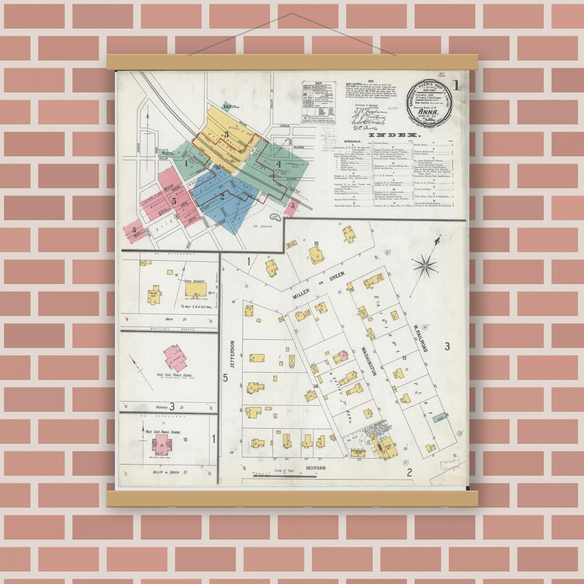 Old map wall art mockup — magnetic wood frame on brick wall — Sanborn Fire Insurance Map from Anna, Union County, Illinois (1900) - Complete Map Set