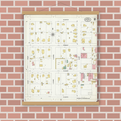 Old map wall art mockup — magnetic wood frame on brick wall — Sanborn Fire Insurance Map from Nevada, Vernon County, Missouri (1900), Sheet #0002