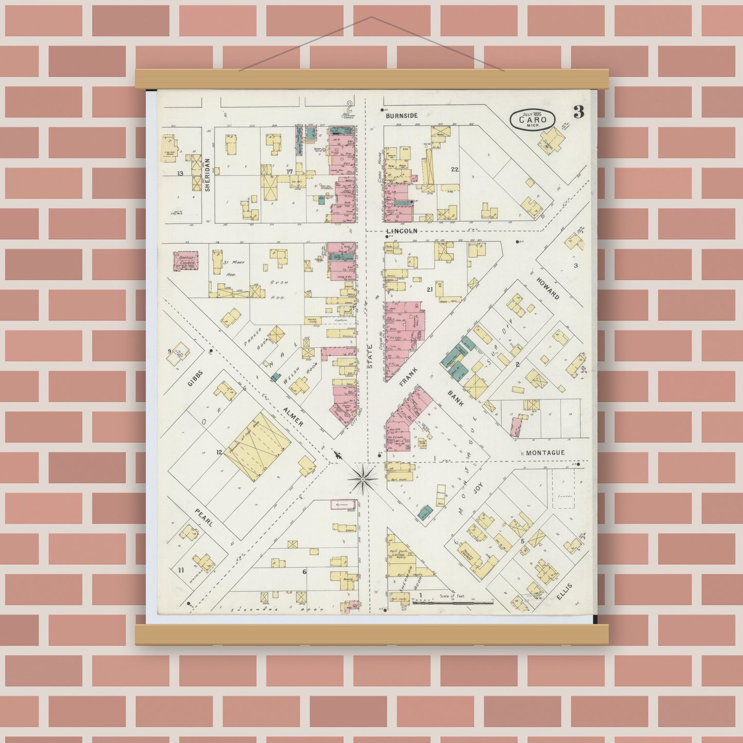 Old map wall art mockup — magnetic wood frame on brick wall — Sanborn Fire Insurance Map from Caro, Tuscola County, Michigan (1895), Sheet #0003