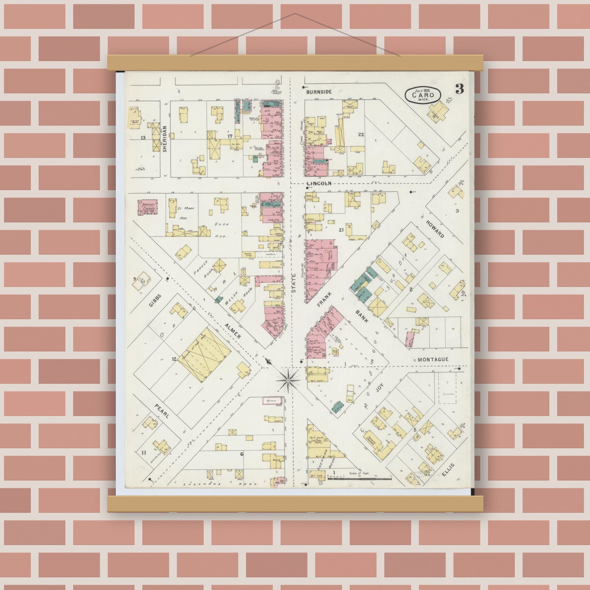 Old map wall art mockup — magnetic wood frame on brick wall — Sanborn Fire Insurance Map from Caro, Tuscola County, Michigan (1895), Sheet #0003