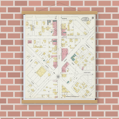 Old map wall art mockup — magnetic wood frame on brick wall — Sanborn Fire Insurance Map from Caro, Tuscola County, Michigan (1895), Sheet #0003