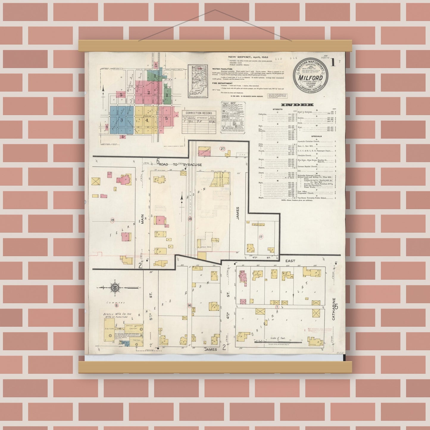 Old map wall art mockup — magnetic wood frame on brick wall — Sanborn Fire Insurance Map from Milford, Kosciusko County, Indiana (1933) - Complete Map Set