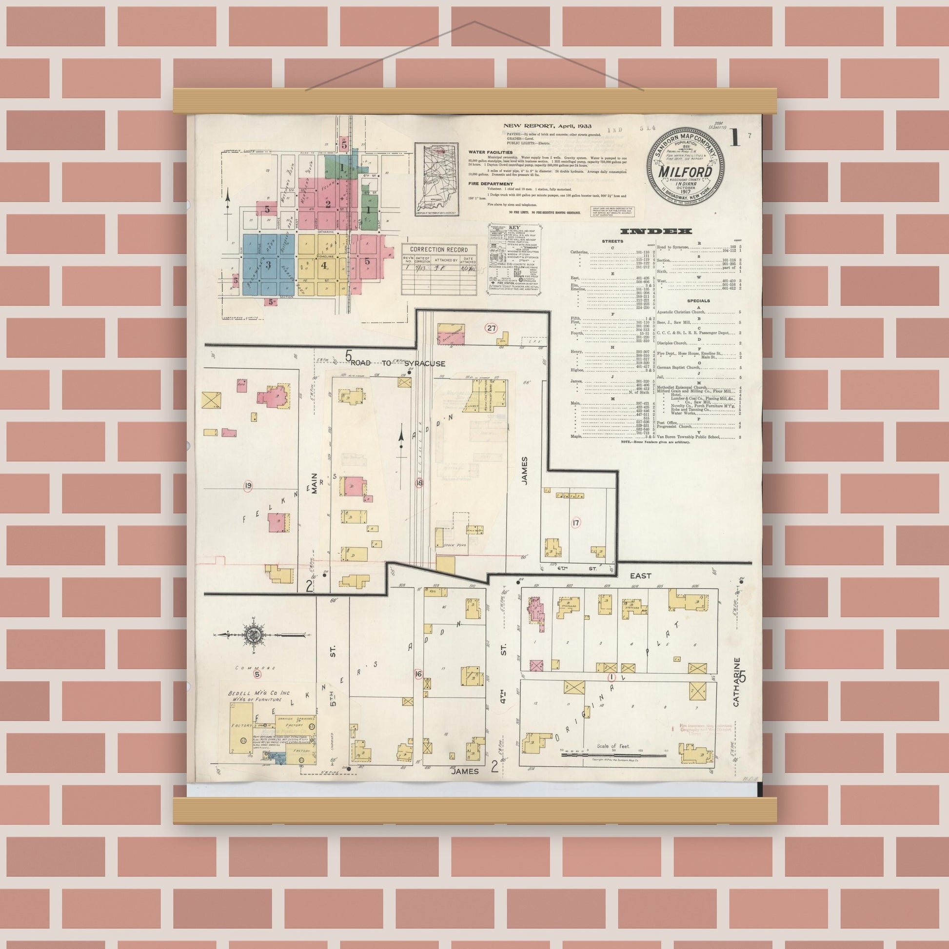Old map wall art mockup — magnetic wood frame on brick wall — Sanborn Fire Insurance Map from Milford, Kosciusko County, Indiana (1933) - Complete Map Set