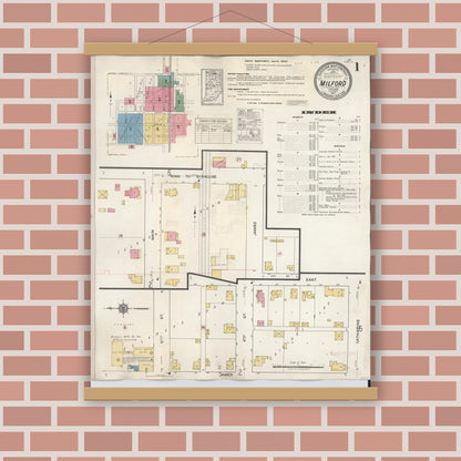 Old map wall art mockup — magnetic wood frame on brick wall — Sanborn Fire Insurance Map from Milford, Kosciusko County, Indiana (1933) - Complete Map Set