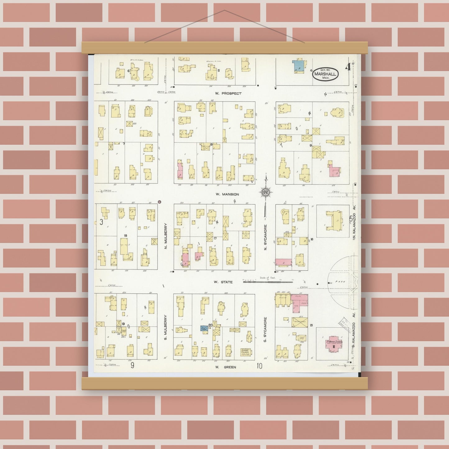Old map wall art mockup — magnetic wood frame on brick wall — Sanborn Fire Insurance Map from Marshall, Calhoun County, Michigan (1911), Sheet #0004
