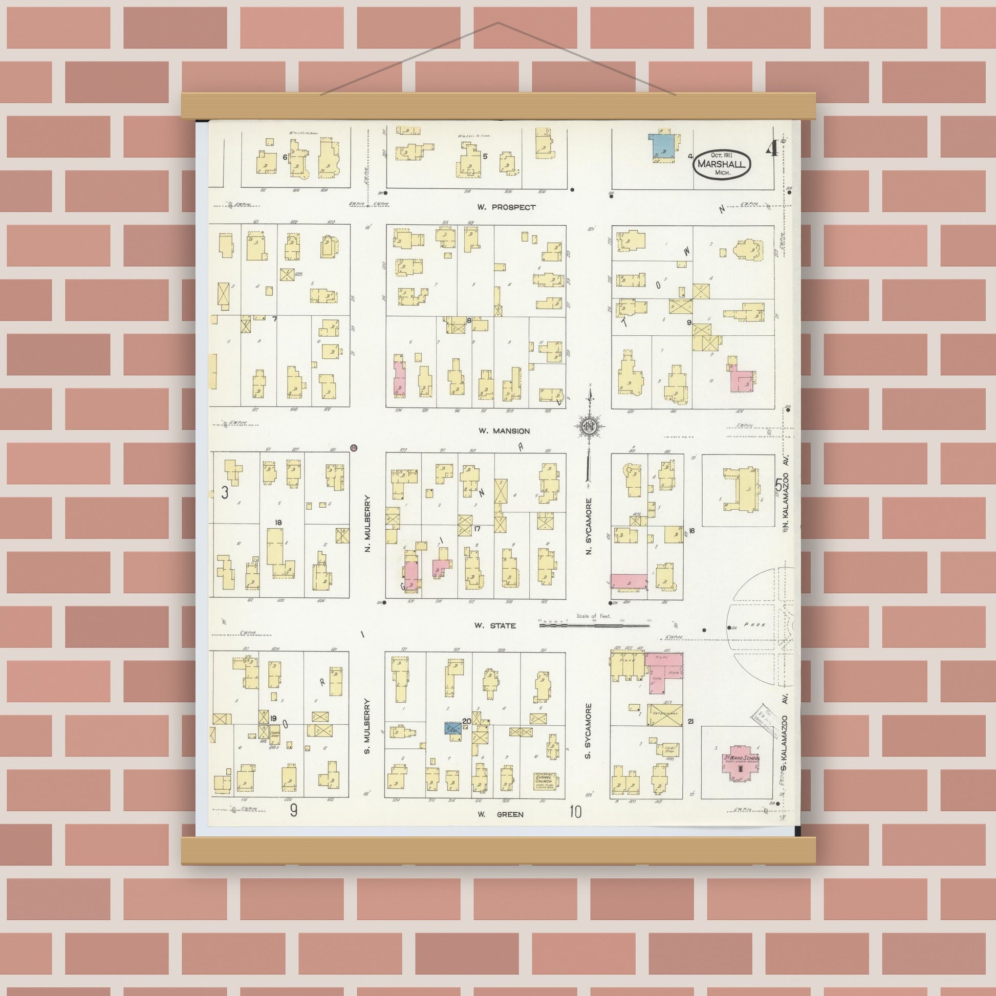 Old map wall art mockup — magnetic wood frame on brick wall — Sanborn Fire Insurance Map from Marshall, Calhoun County, Michigan (1911), Sheet #0004