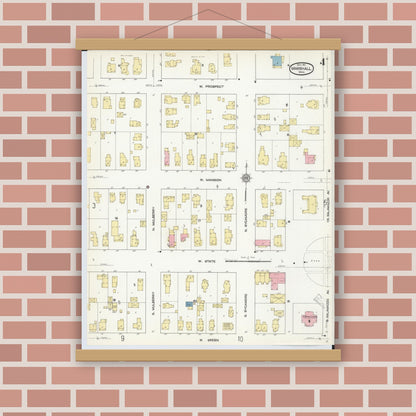 Old map wall art mockup — magnetic wood frame on brick wall — Sanborn Fire Insurance Map from Marshall, Calhoun County, Michigan (1911), Sheet #0004
