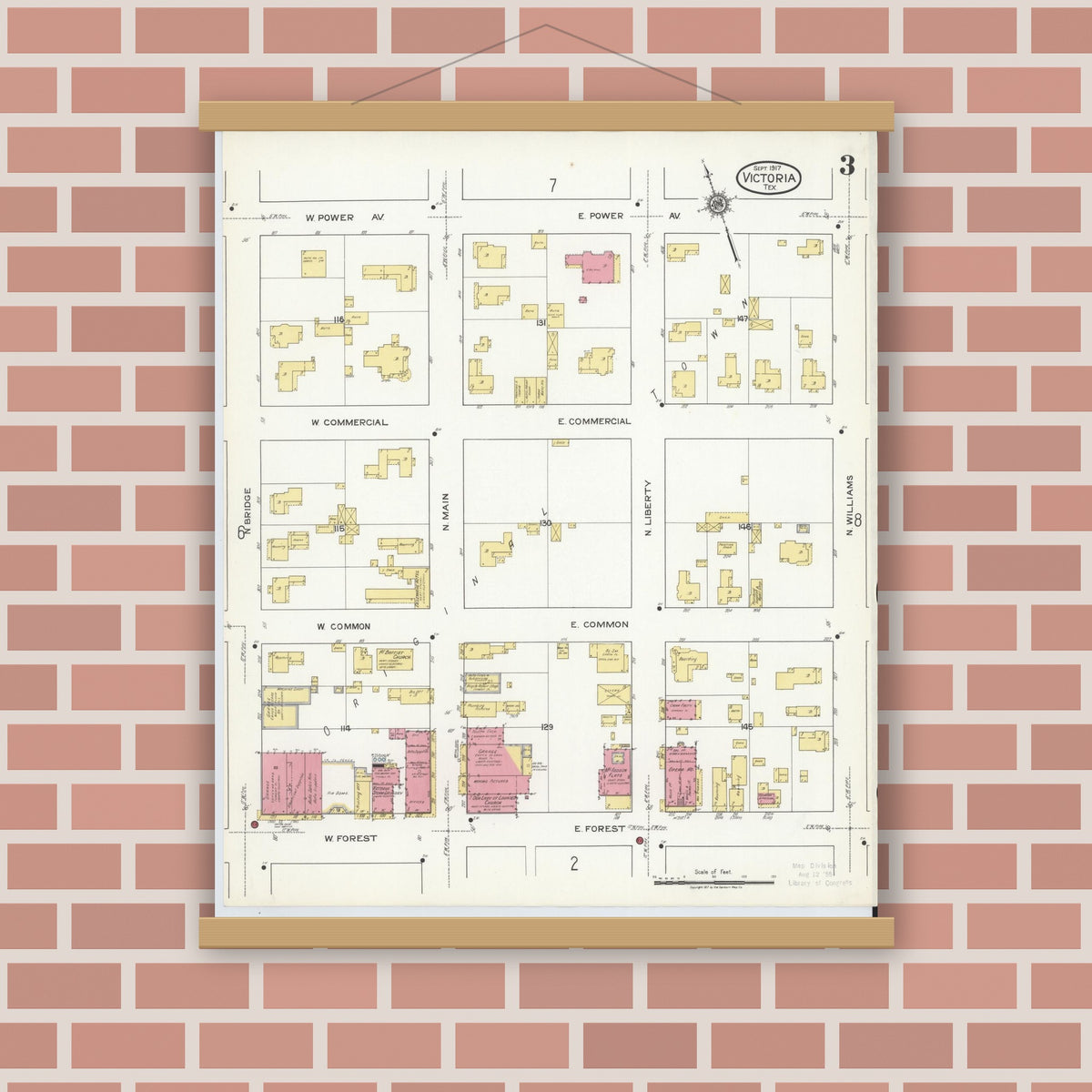 Old map wall art mockup — magnetic wood frame on brick wall — Sanborn Fire Insurance Map from Victoria, Victoria County, Texas (1917), Sheet #0003