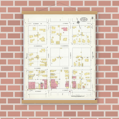 Old map wall art mockup — magnetic wood frame on brick wall — Sanborn Fire Insurance Map from Victoria, Victoria County, Texas (1917), Sheet #0003