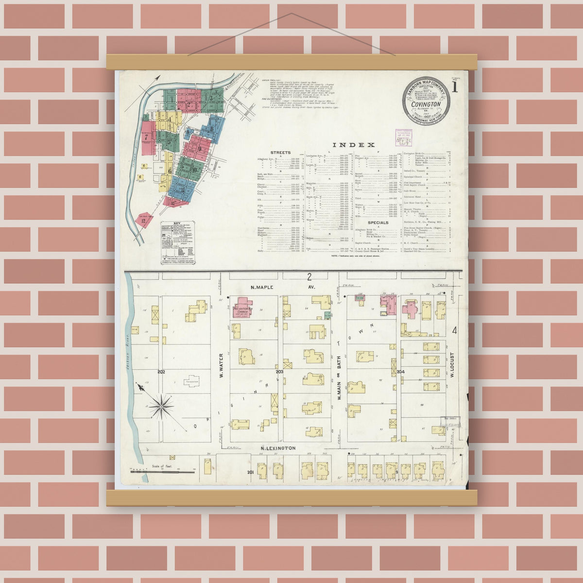 Old map wall art mockup — magnetic wood frame on brick wall — Sanborn Fire Insurance Map from Covington, Independent Cities, Virginia (1907) - Complete Map Set