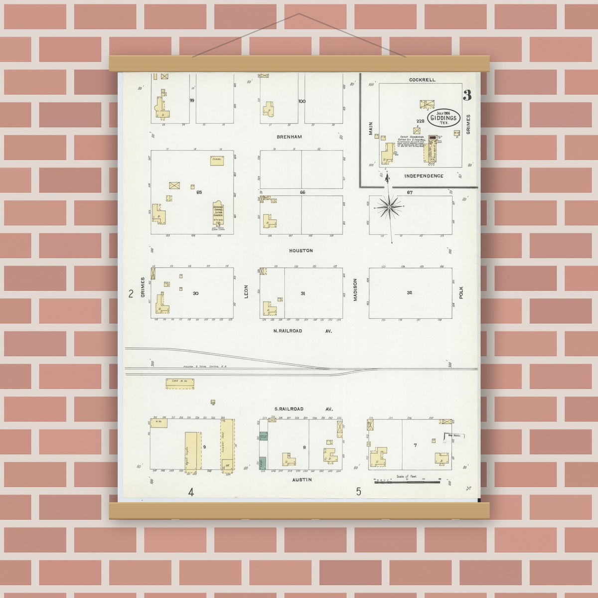 Old map wall art mockup — magnetic wood frame on brick wall — Sanborn Fire Insurance Map from Giddings, Lee County, Texas (1906), Sheet #0003