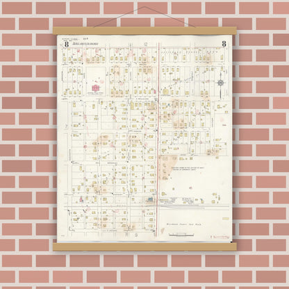 Old map wall art mockup — magnetic wood frame on brick wall — Sanborn Fire Insurance Map from Marion, Williamson County, Illinois (1946), Sheet #0008