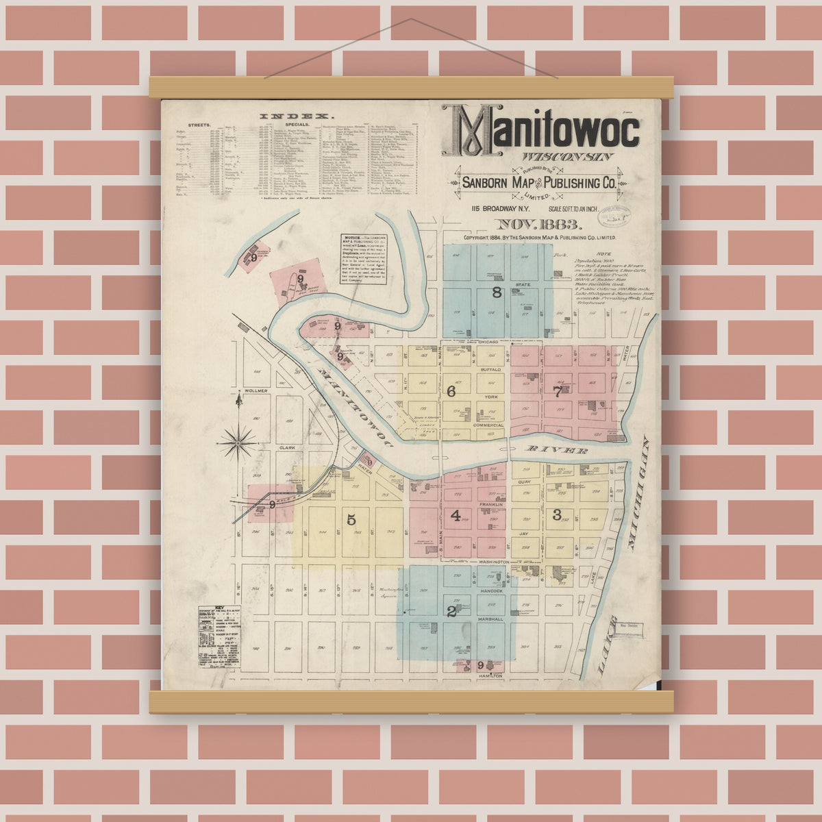 Old map wall art mockup — magnetic wood frame on brick wall — Sanborn Fire Insurance Map from Manitowoc, Manitowoc County, Wisconsin (1883) - Complete Map Set