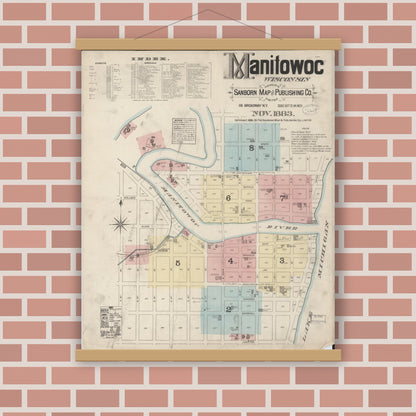 Old map wall art mockup — magnetic wood frame on brick wall — Sanborn Fire Insurance Map from Manitowoc, Manitowoc County, Wisconsin (1883) - Complete Map Set