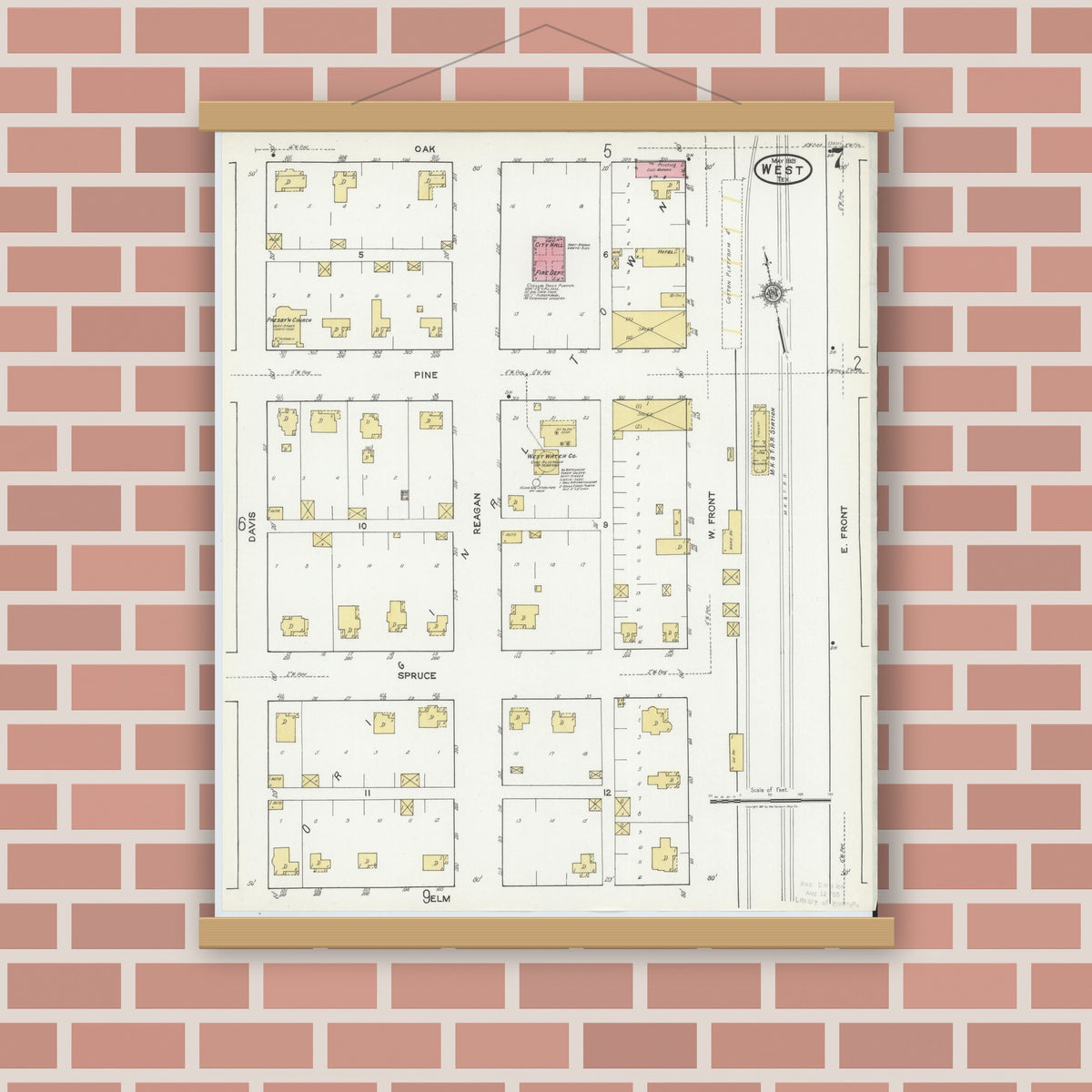 Old map wall art mockup — magnetic wood frame on brick wall — Sanborn Fire Insurance Map from West, McLennan County, Texas (1921), Sheet #0007