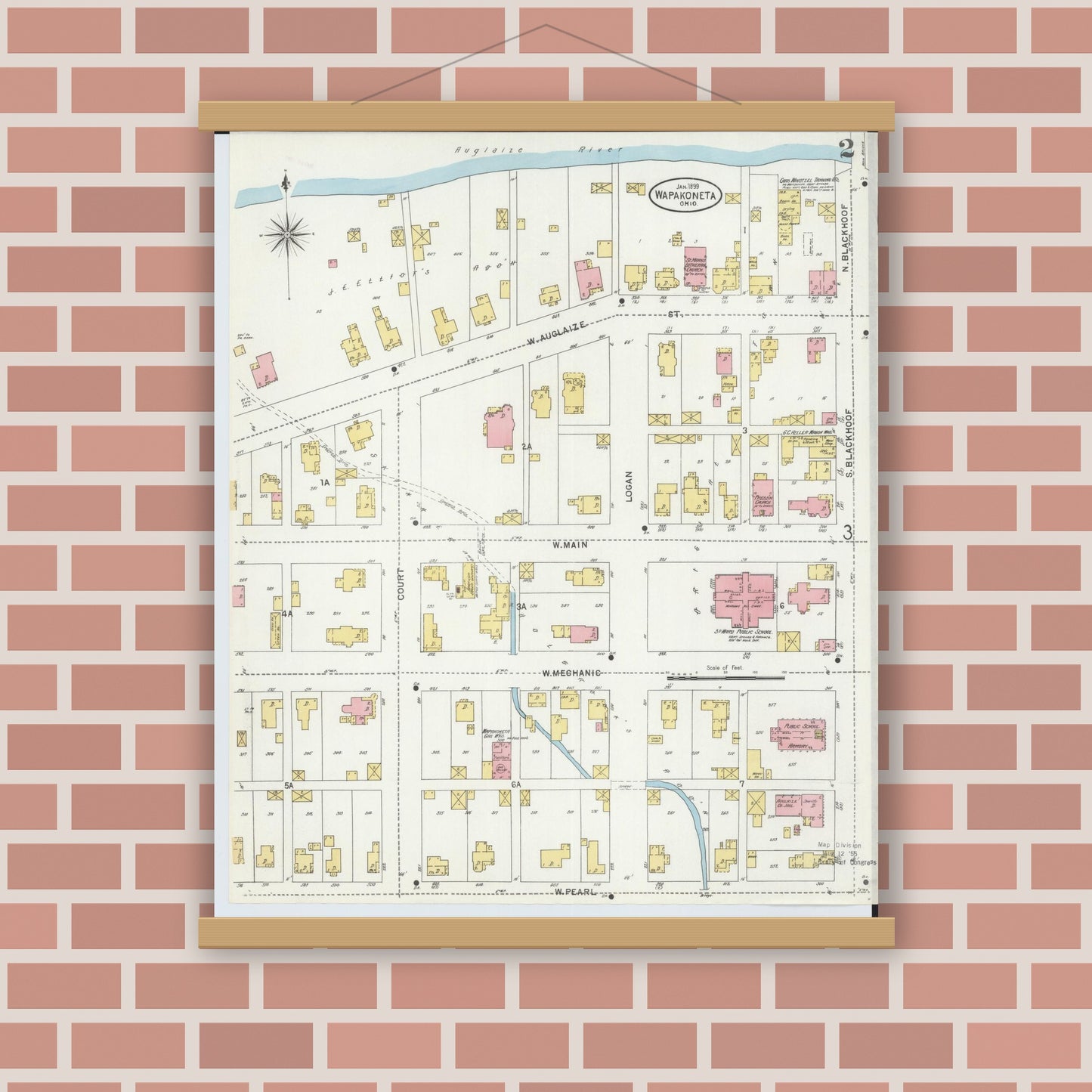 Old map wall art mockup — magnetic wood frame on brick wall — Sanborn Fire Insurance Map from Wapakoneta, Auglaize County, Ohio (1899), Sheet #0002