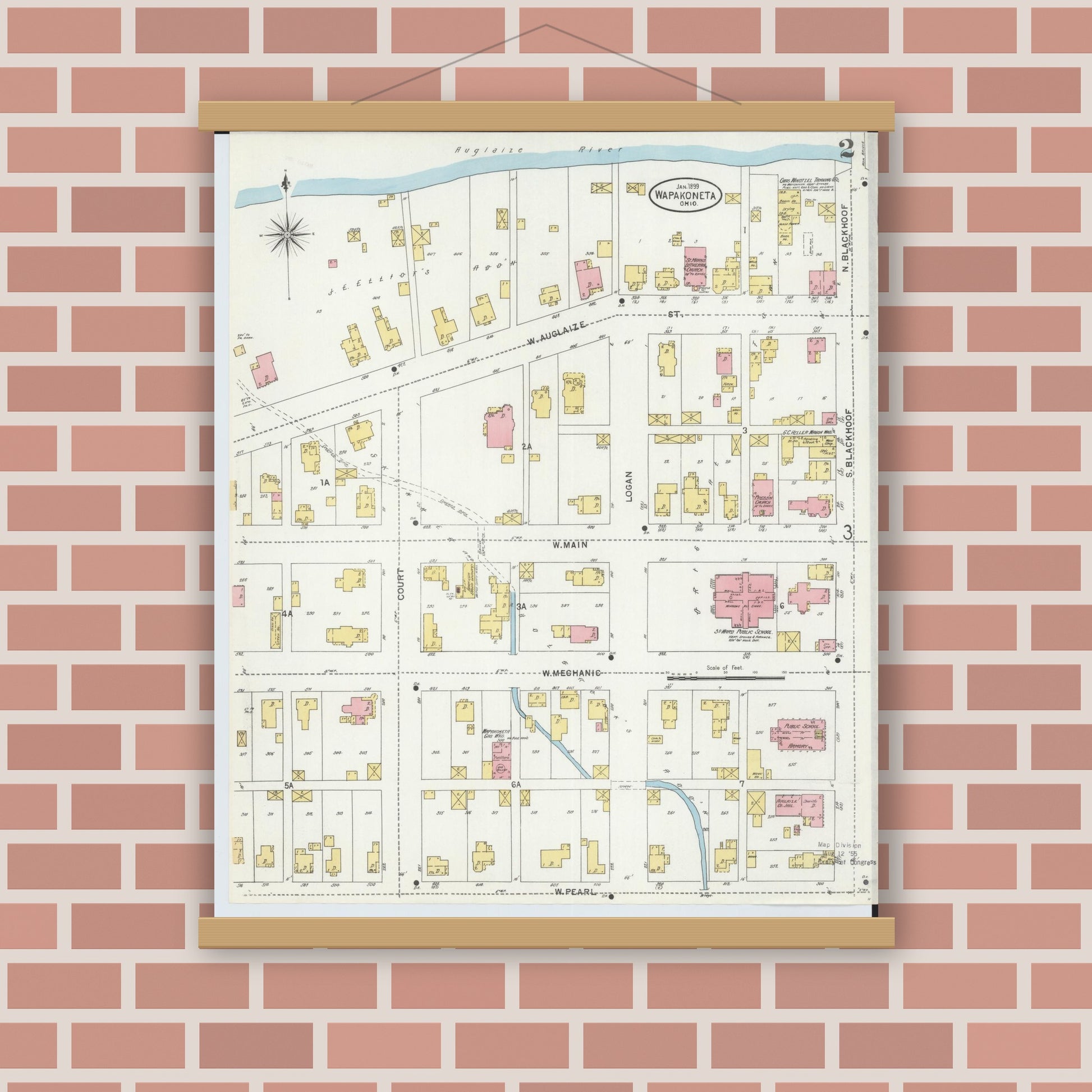 Old map wall art mockup — magnetic wood frame on brick wall — Sanborn Fire Insurance Map from Wapakoneta, Auglaize County, Ohio (1899), Sheet #0002