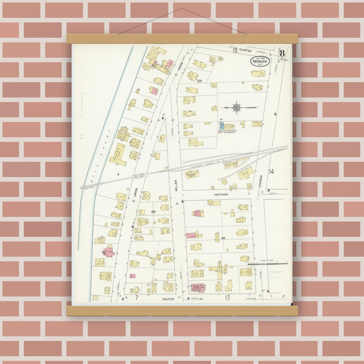 Old map wall art mockup — magnetic wood frame on brick wall — Sanborn Fire Insurance Map from Newark, Wayne County, New York (1912), Sheet #0008