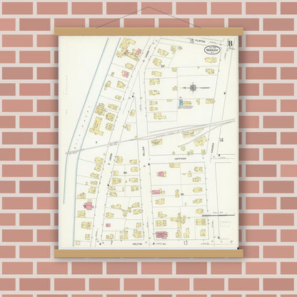 Old map wall art mockup — magnetic wood frame on brick wall — Sanborn Fire Insurance Map from Newark, Wayne County, New York (1912), Sheet #0008