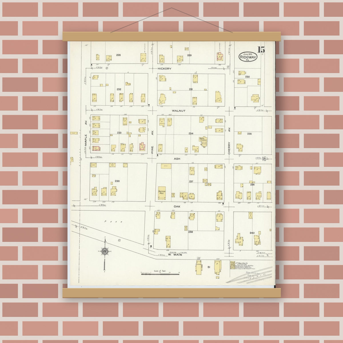 Old map wall art mockup — magnetic wood frame on brick wall — Sanborn Fire Insurance Map from Ridgway, Elk County, Pennsylvania (1915), Sheet #0015
