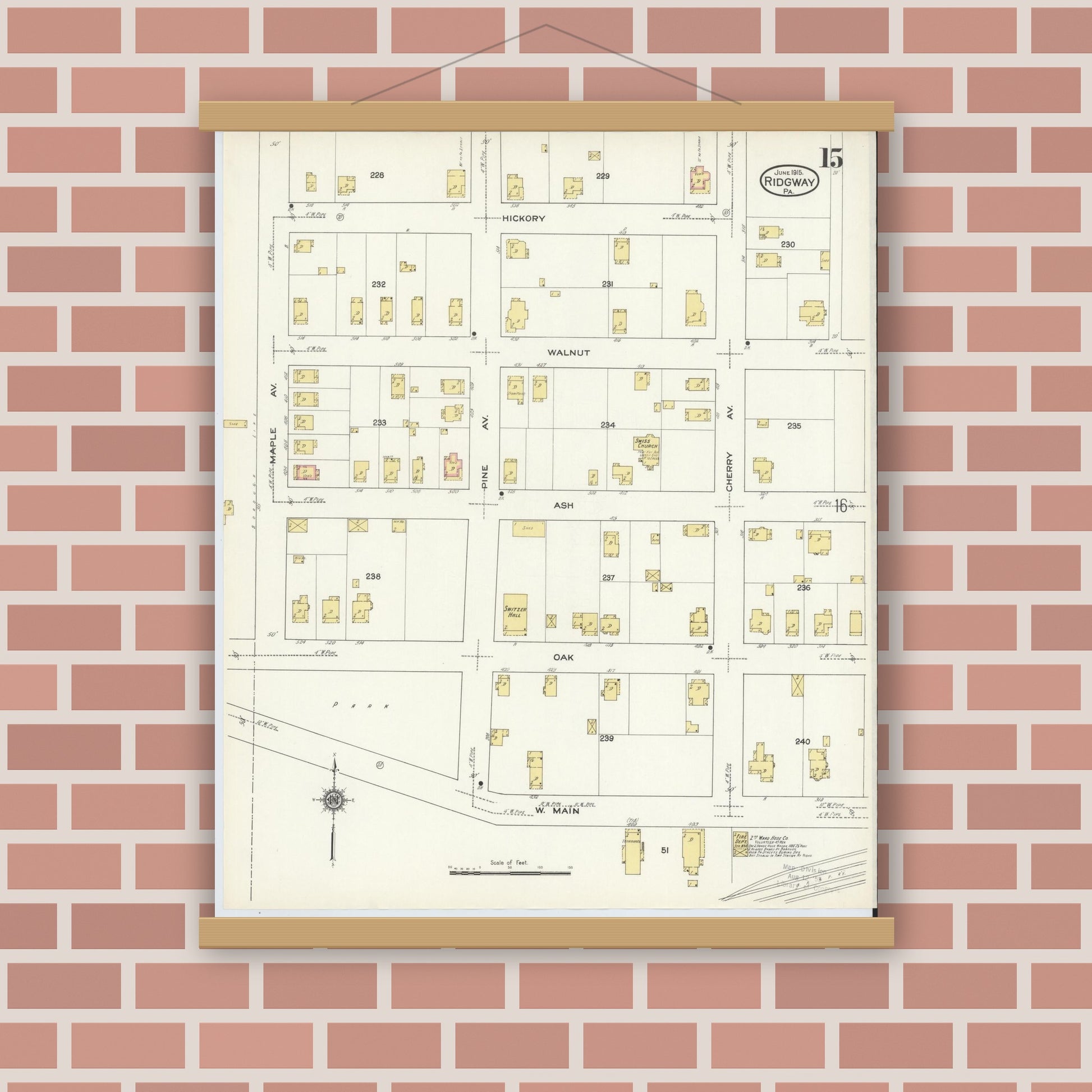 Old map wall art mockup — magnetic wood frame on brick wall — Sanborn Fire Insurance Map from Ridgway, Elk County, Pennsylvania (1915), Sheet #0015
