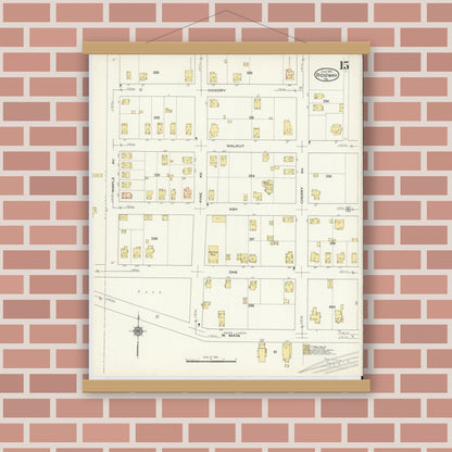 Old map wall art mockup — magnetic wood frame on brick wall — Sanborn Fire Insurance Map from Ridgway, Elk County, Pennsylvania (1915), Sheet #0015