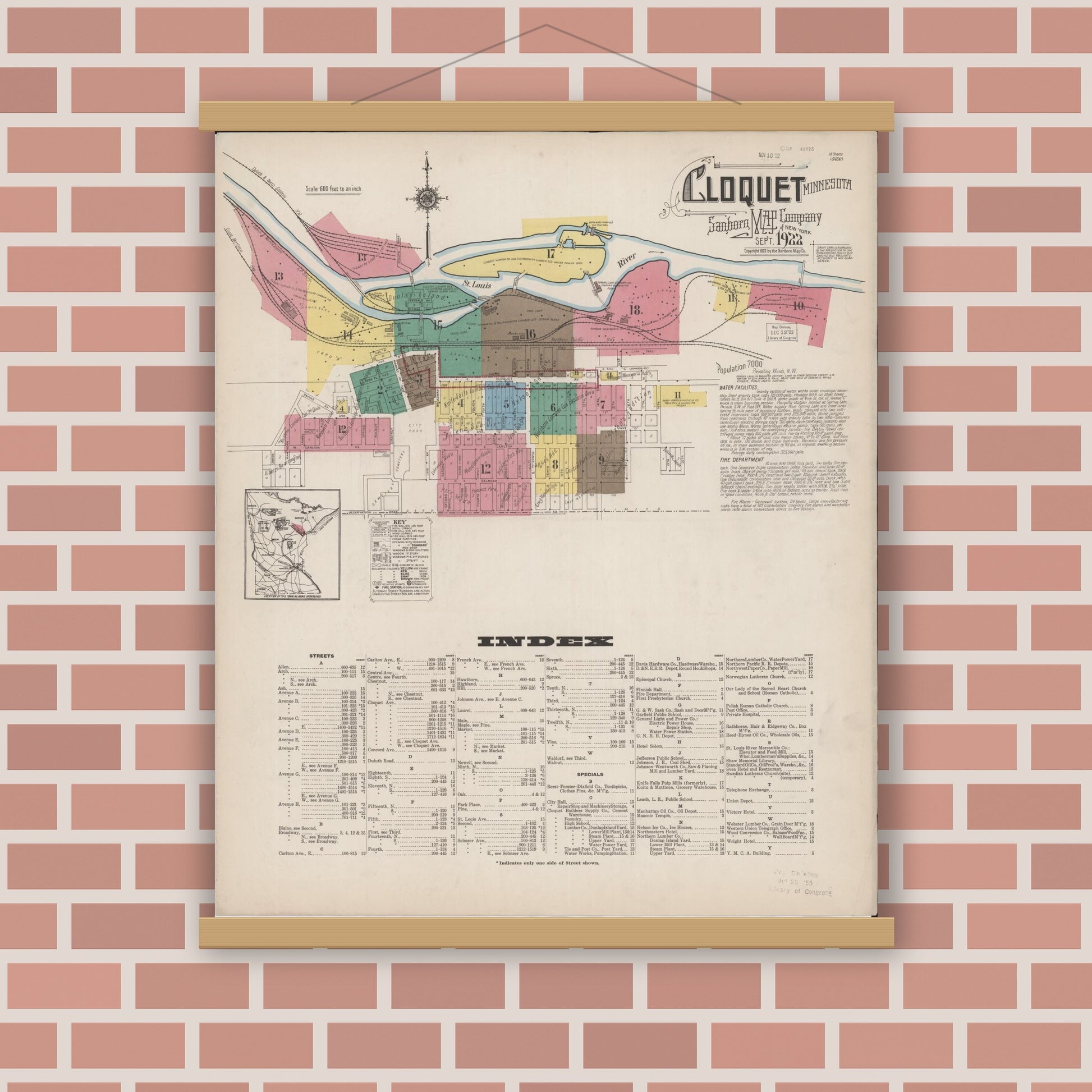 Old map wall art mockup — magnetic wood frame on brick wall — Sanborn Fire Insurance Map from Cloquet, Carlton County, Minnesota (1922) - Complete Map Set