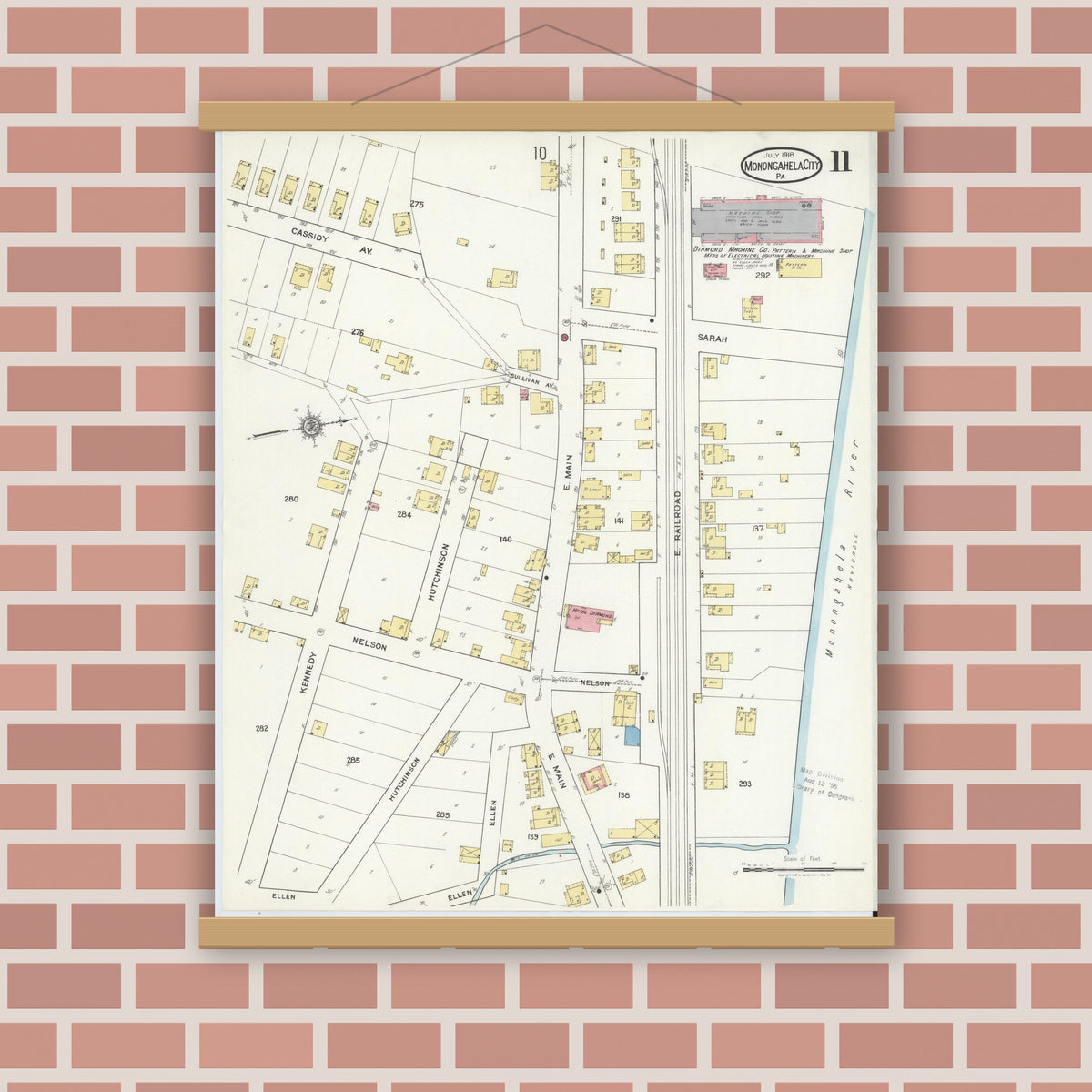 Old map wall art mockup — magnetic wood frame on brick wall — Sanborn Fire Insurance Map from Monongahela City, Washington County, Pennsylvania (1918), Sheet #0011