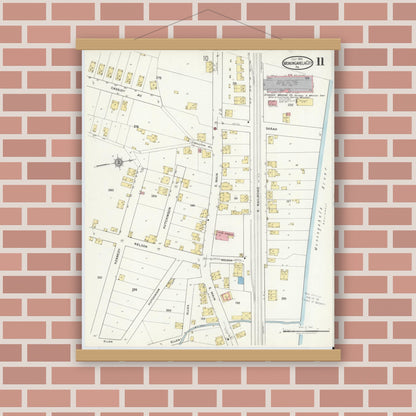Old map wall art mockup — magnetic wood frame on brick wall — Sanborn Fire Insurance Map from Monongahela City, Washington County, Pennsylvania (1918), Sheet #0011
