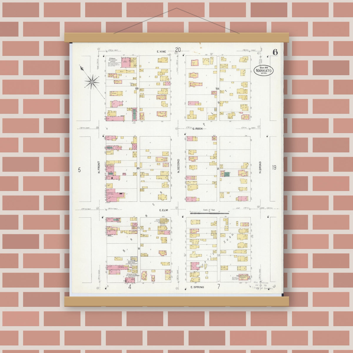Old map wall art mockup — magnetic wood frame on brick wall — Sanborn Fire Insurance Map from Mankato, Blue Earth County, Minnesota (1908), Sheet #0006