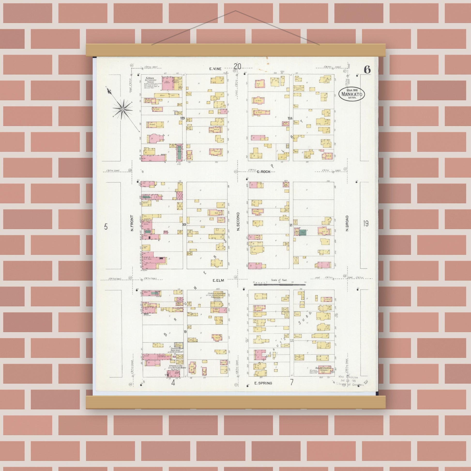 Old map wall art mockup — magnetic wood frame on brick wall — Sanborn Fire Insurance Map from Mankato, Blue Earth County, Minnesota (1908), Sheet #0006