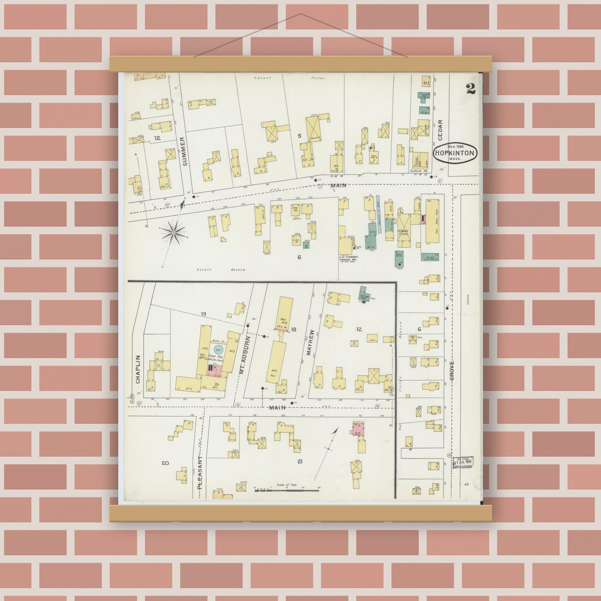 Old map wall art mockup — magnetic wood frame on brick wall — Sanborn Fire Insurance Map from Hopkinton, Middlesex County, Massachusetts (1894), Sheet #0002