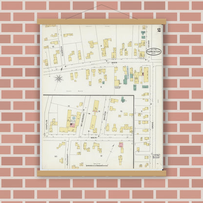 Old map wall art mockup — magnetic wood frame on brick wall — Sanborn Fire Insurance Map from Hopkinton, Middlesex County, Massachusetts (1894), Sheet #0002