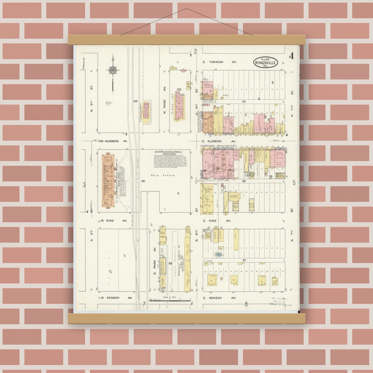 Old map wall art mockup — magnetic wood frame on brick wall — Sanborn Fire Insurance Map from Kingsville, Kleberg County, Texas (1915), Sheet #0004
