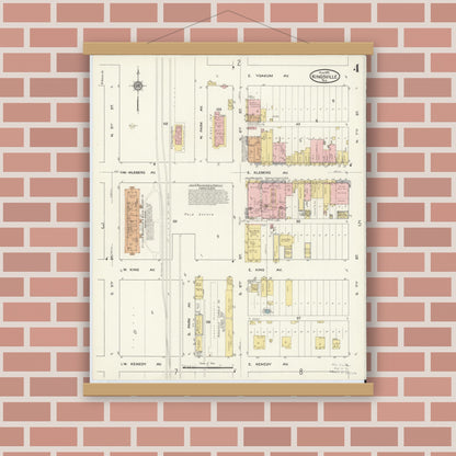 Old map wall art mockup — magnetic wood frame on brick wall — Sanborn Fire Insurance Map from Kingsville, Kleberg County, Texas (1915), Sheet #0004