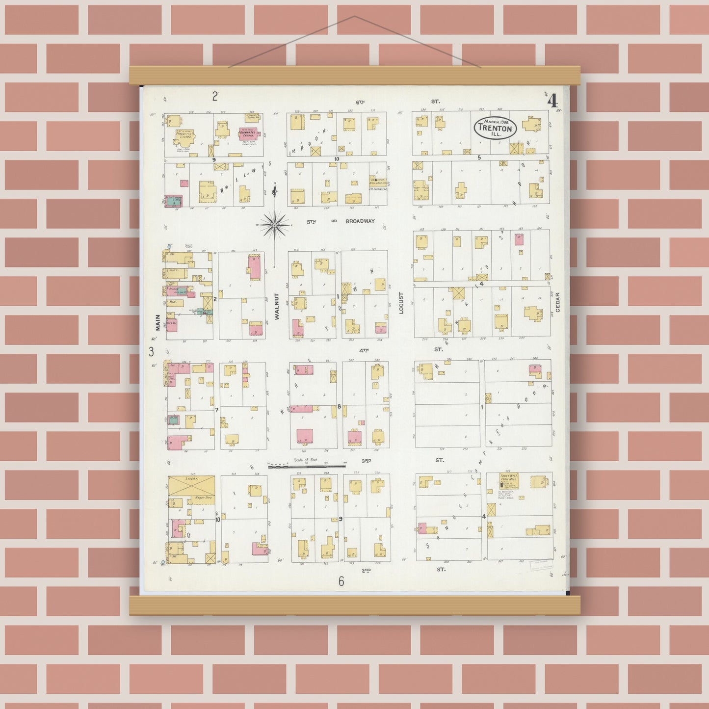 Old map wall art mockup — magnetic wood frame on brick wall — Sanborn Fire Insurance Map from Trenton, Clinton County, Illinois (1906), Sheet #0004
