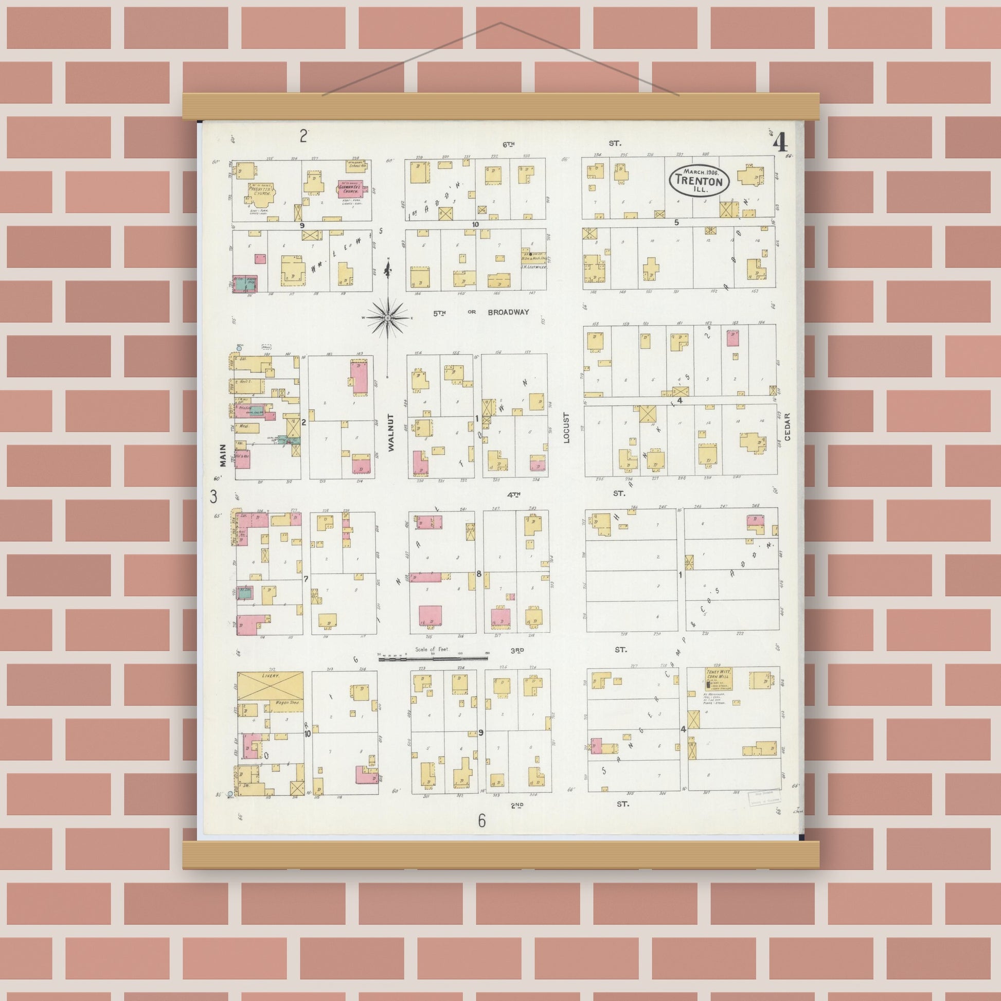 Old map wall art mockup — magnetic wood frame on brick wall — Sanborn Fire Insurance Map from Trenton, Clinton County, Illinois (1906), Sheet #0004
