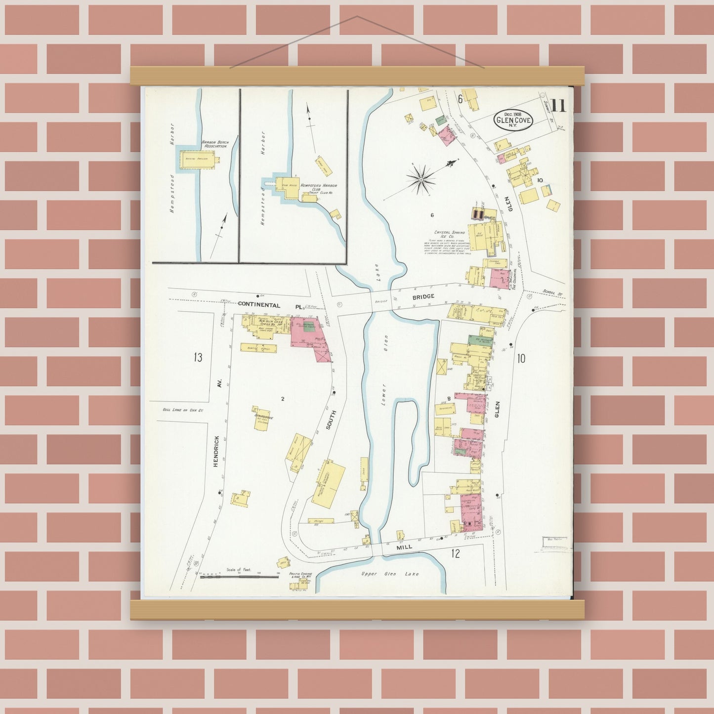 Old map wall art mockup — magnetic wood frame on brick wall — Sanborn Fire Insurance Map from Glen Cove, Nassau County, New York (1908), Sheet #0011