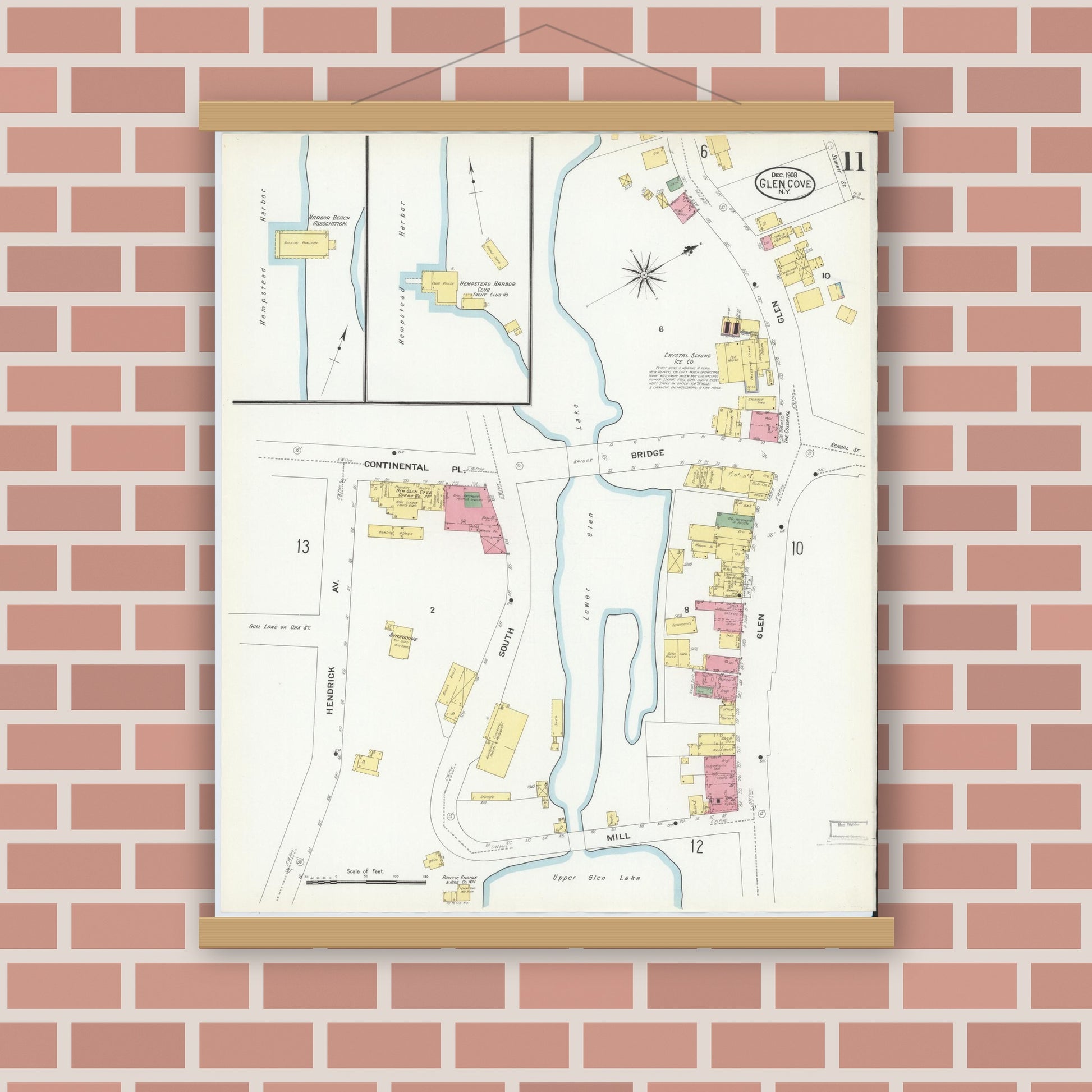 Old map wall art mockup — magnetic wood frame on brick wall — Sanborn Fire Insurance Map from Glen Cove, Nassau County, New York (1908), Sheet #0011