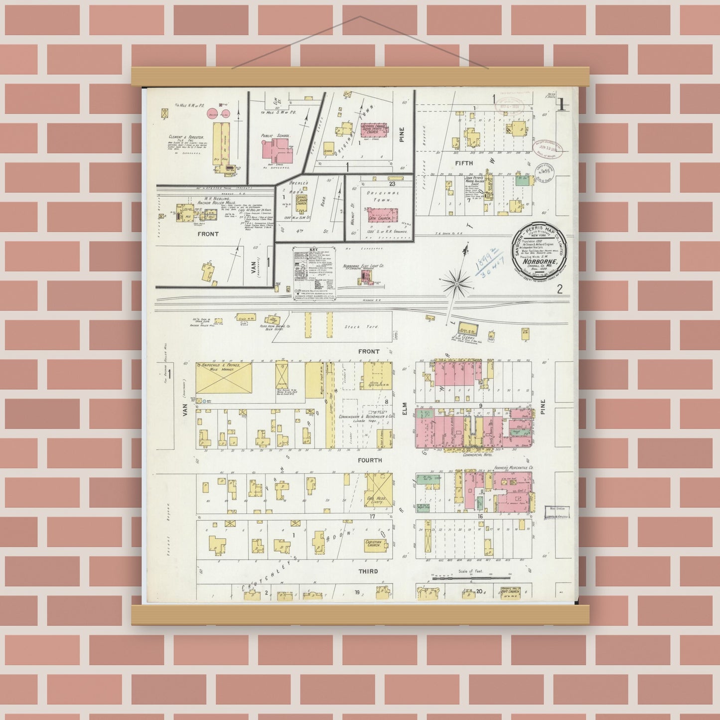 Old map wall art mockup — magnetic wood frame on brick wall — Sanborn Fire Insurance Map from Norborne, Carroll County, Missouri (1899), Sheet #0001