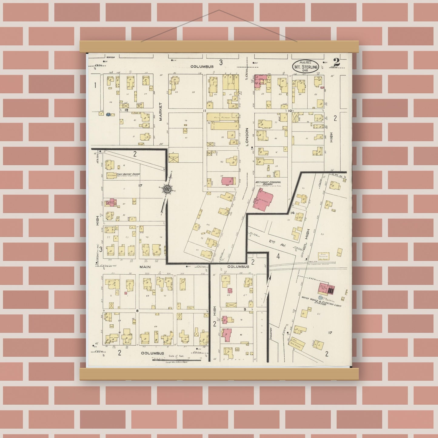 Old map wall art mockup — magnetic wood frame on brick wall — Sanborn Fire Insurance Map from Mount Sterling, Madison County, Ohio (1922), Sheet #0002