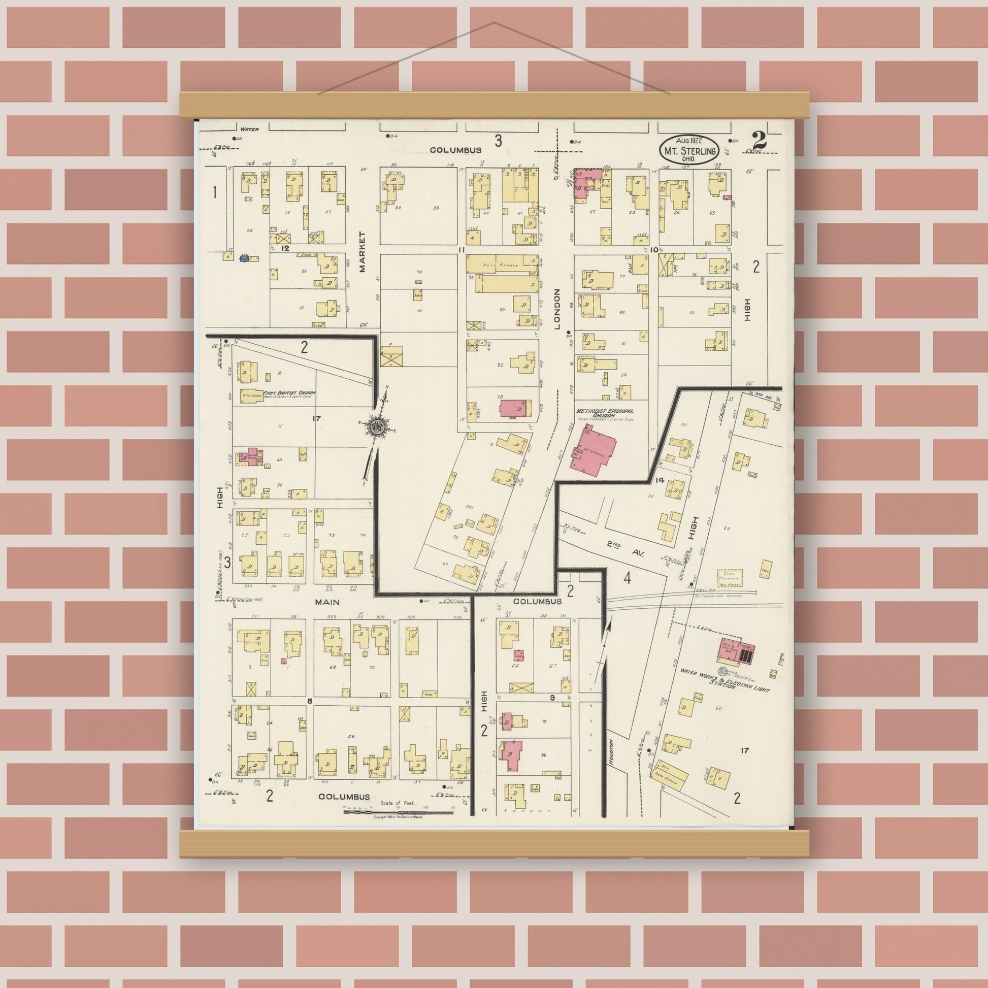 Old map wall art mockup — magnetic wood frame on brick wall — Sanborn Fire Insurance Map from Mount Sterling, Madison County, Ohio (1922), Sheet #0002