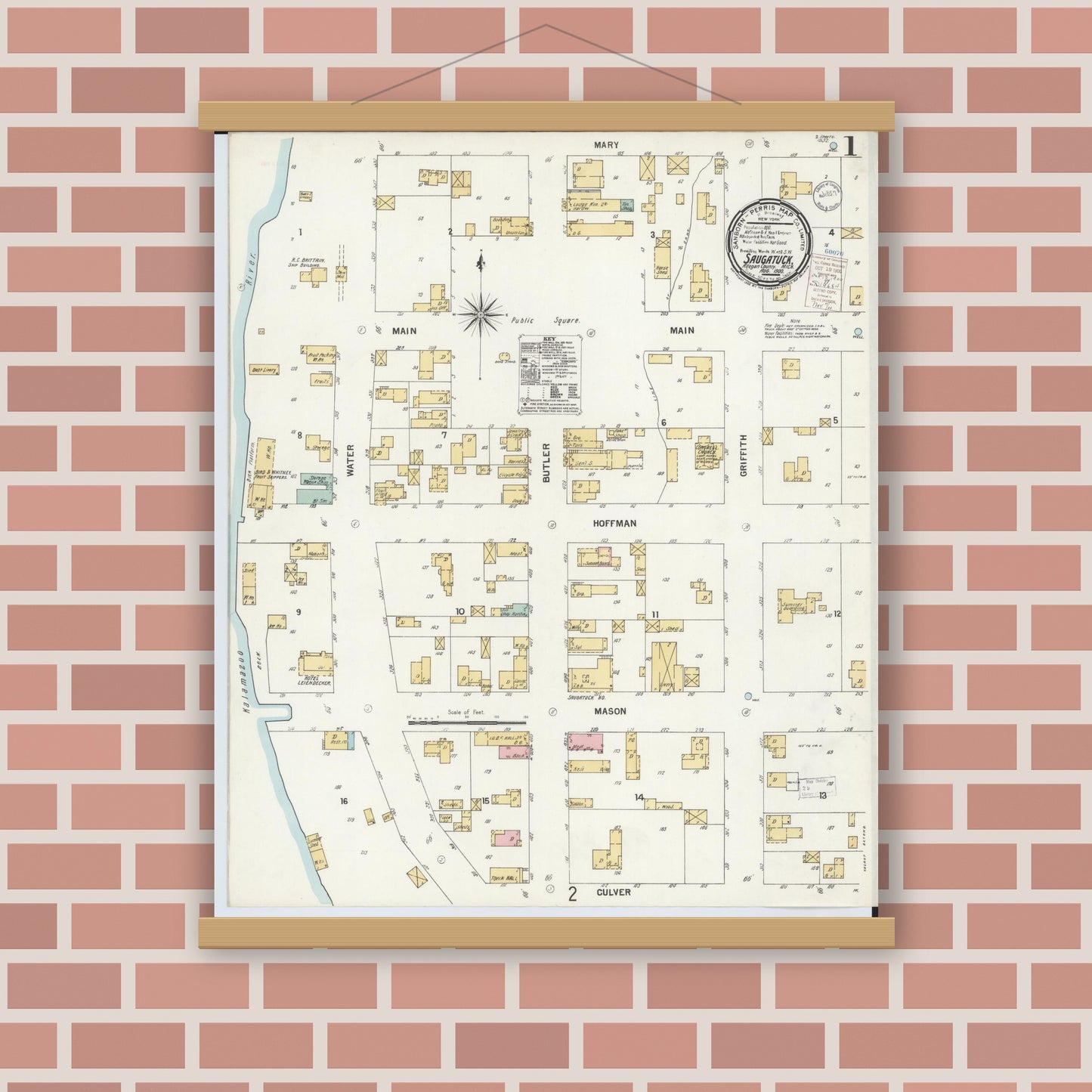 Old map wall art mockup — magnetic wood frame on brick wall — Sanborn Fire Insurance Map from Saugatuck, Allegan County, Michigan (1900) - Complete Map Set