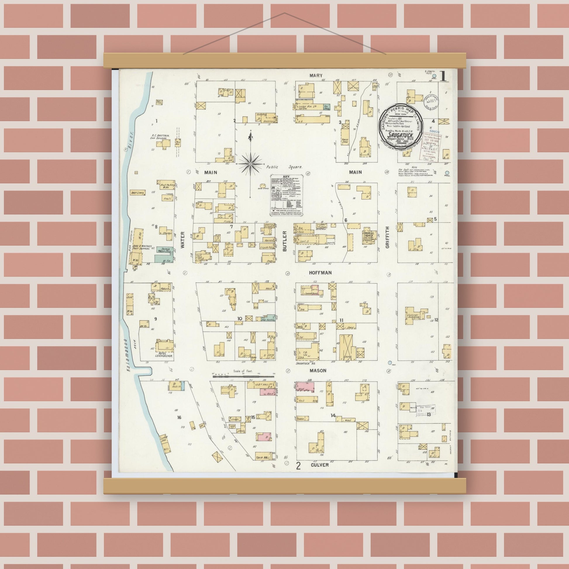 Old map wall art mockup — magnetic wood frame on brick wall — Sanborn Fire Insurance Map from Saugatuck, Allegan County, Michigan (1900) - Complete Map Set