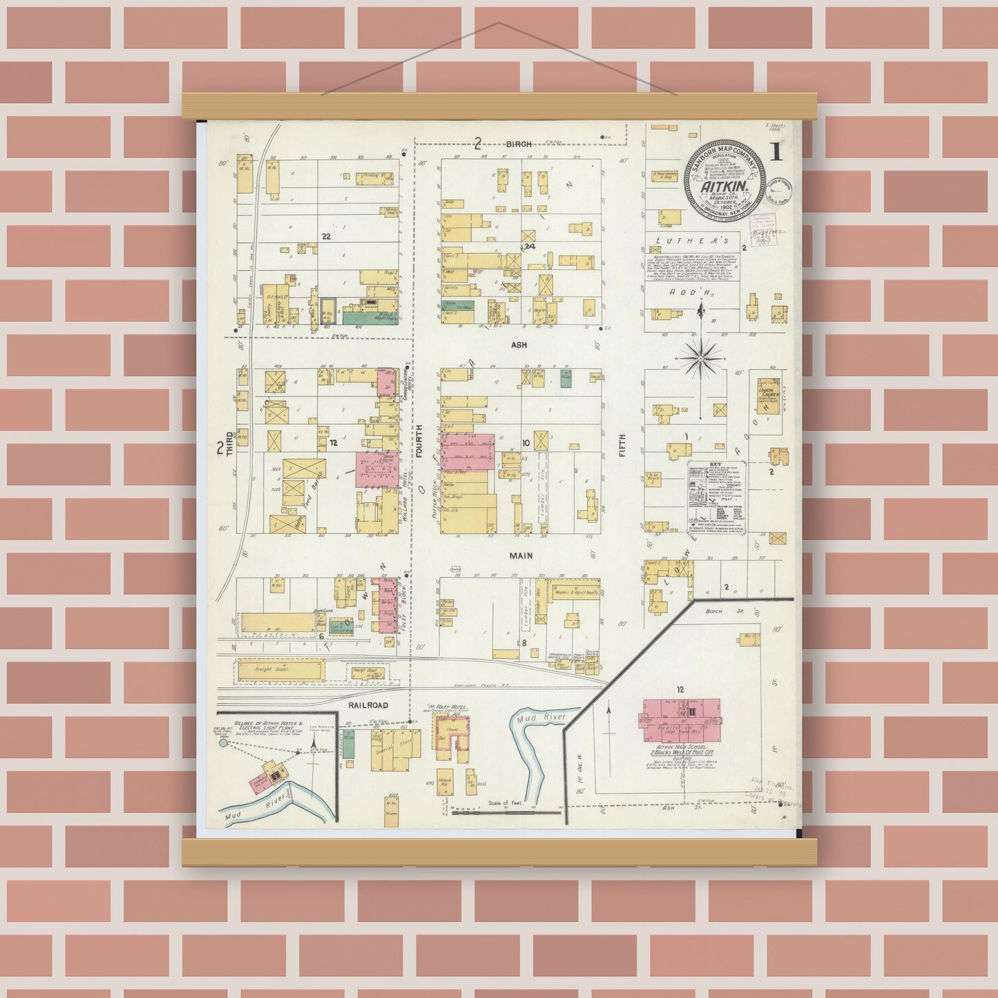 Old map wall art mockup — magnetic wood frame on brick wall — Sanborn Fire Insurance Map from Aitkin, Aitkin County, Minnesota (1902), Sheet #0001