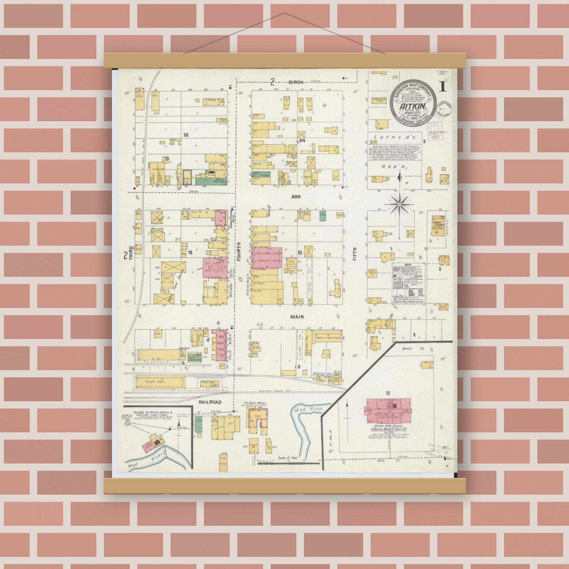 Old map wall art mockup — magnetic wood frame on brick wall — Sanborn Fire Insurance Map from Aitkin, Aitkin County, Minnesota (1902), Sheet #0001